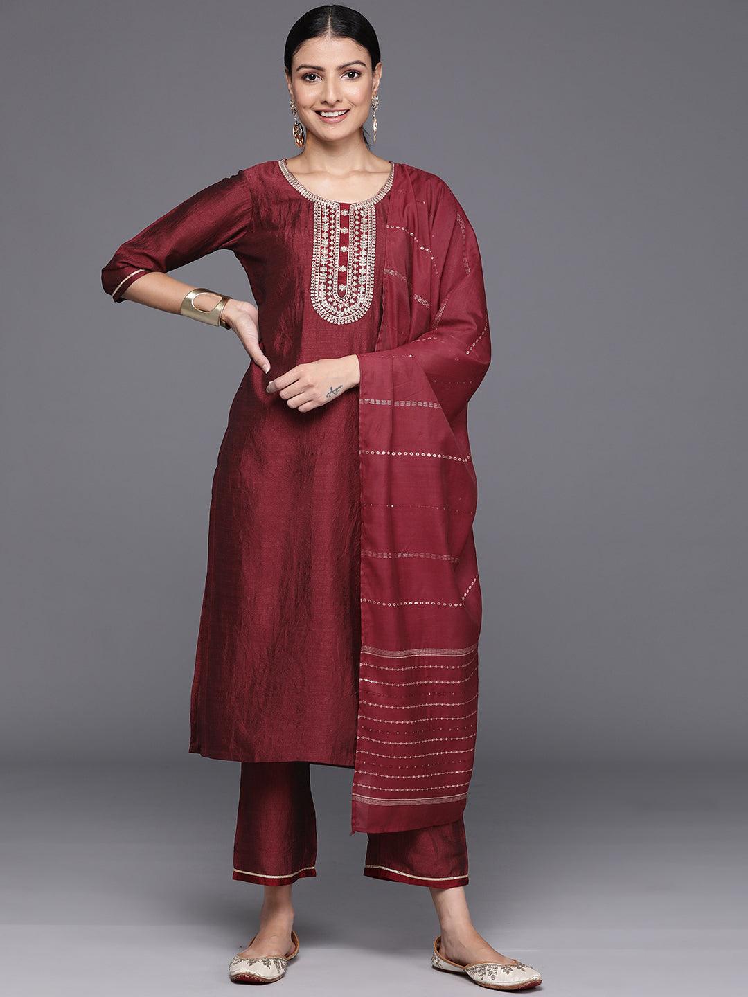 Maroon Yoke Design Silk Blend Straight Kurta With Trousers & Dupatta - Jashvi