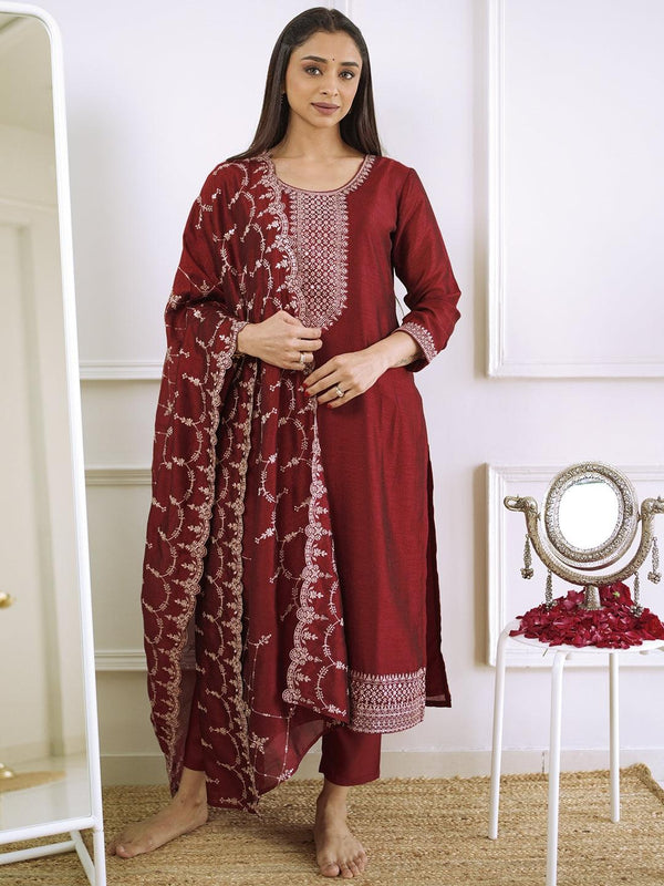 Maroon Yoke Design Silk Blend Straight Kurta With Trousers & Dupatta - Jashvi