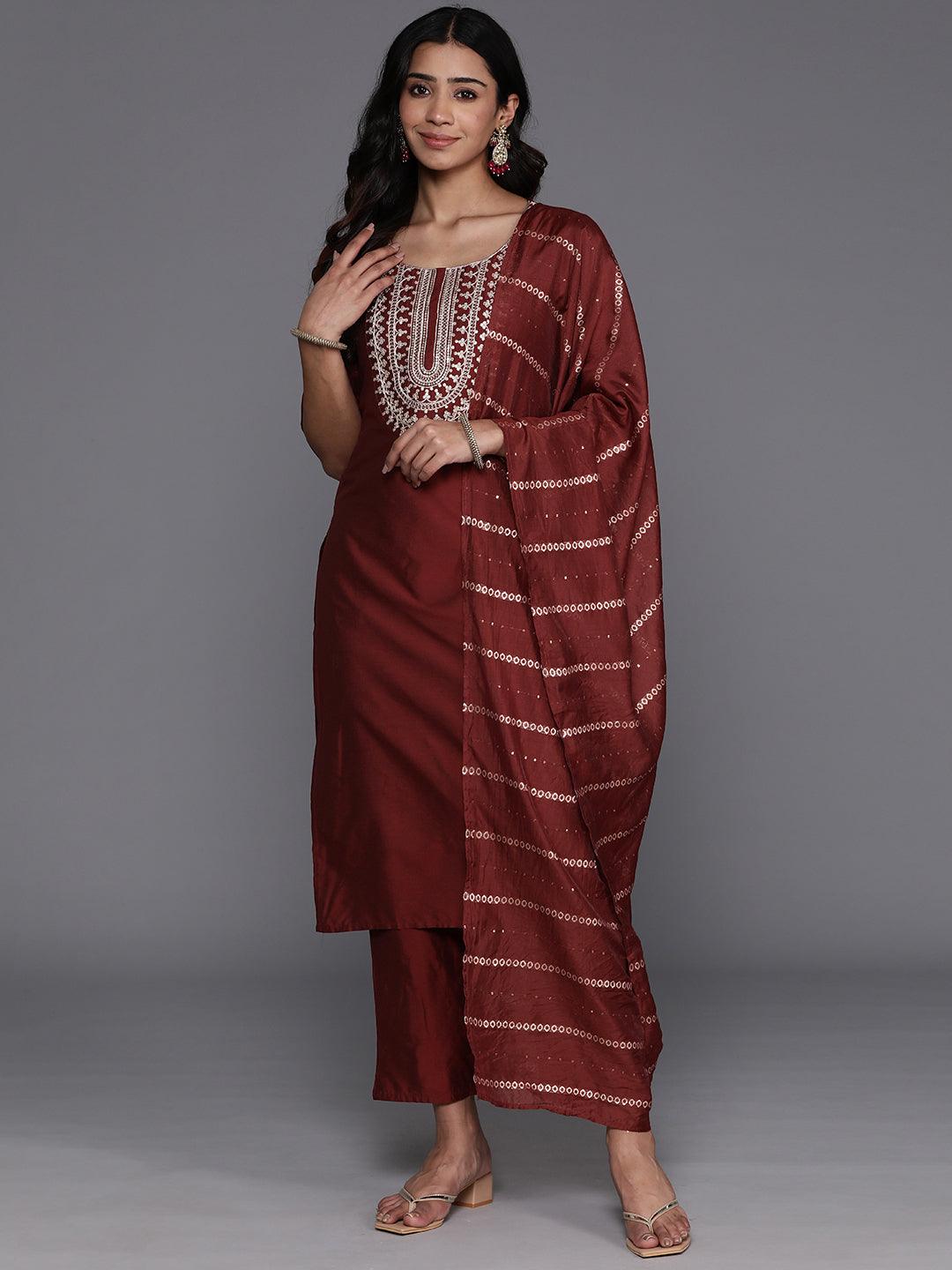 Maroon Yoke Design Silk Blend Straight Kurta With Trousers & Dupatta - Jashvi