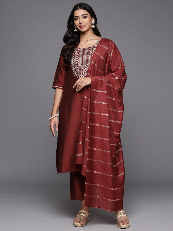 Maroon Yoke Design Silk Blend Straight Kurta With Trousers & Dupatta - Jashvi