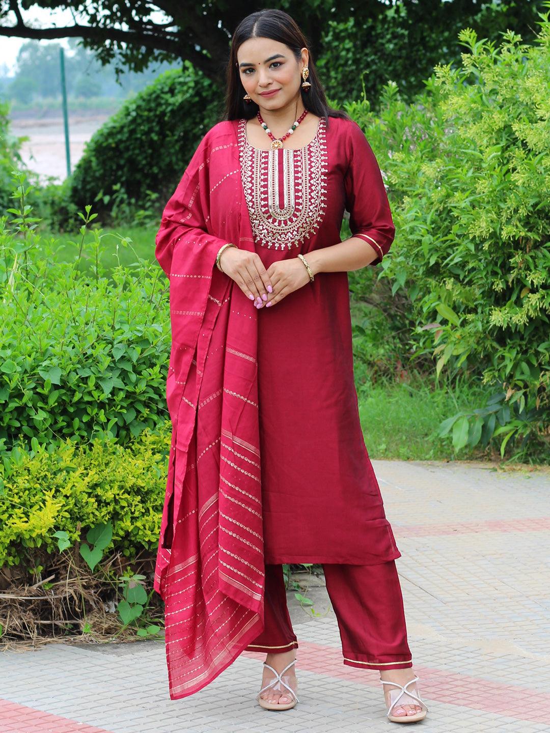 Maroon Yoke Design Silk Blend Straight Kurta With Trousers & Dupatta - Jashvi