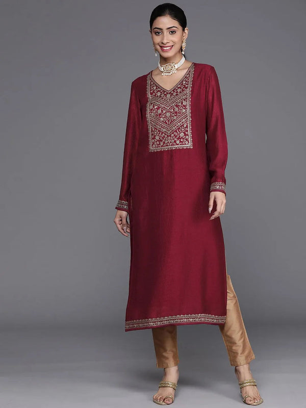 Maroon Yoke Design Silk Kurta - Jashvi