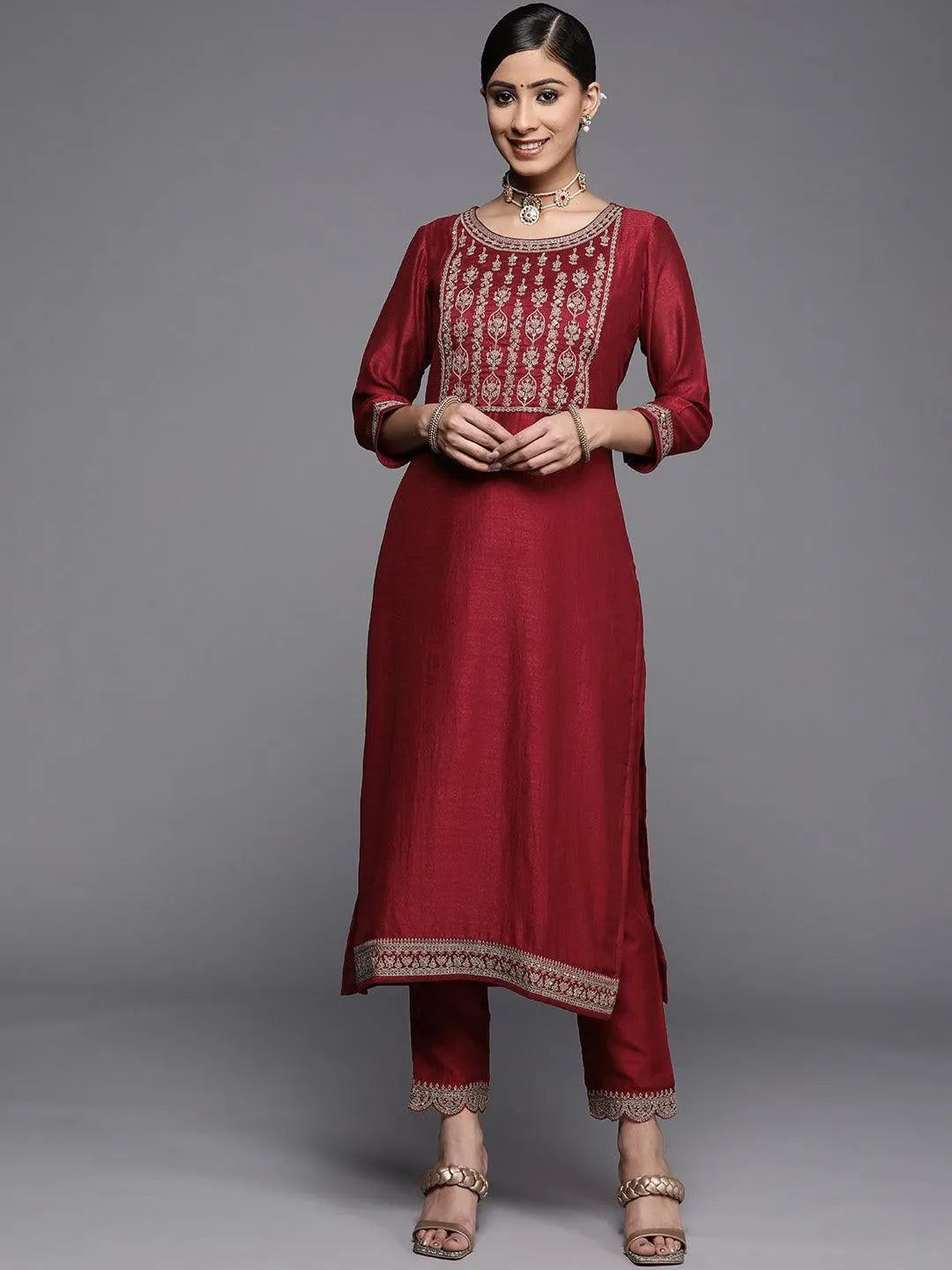 Maroon Yoke Design Silk Kurta - Jashvi