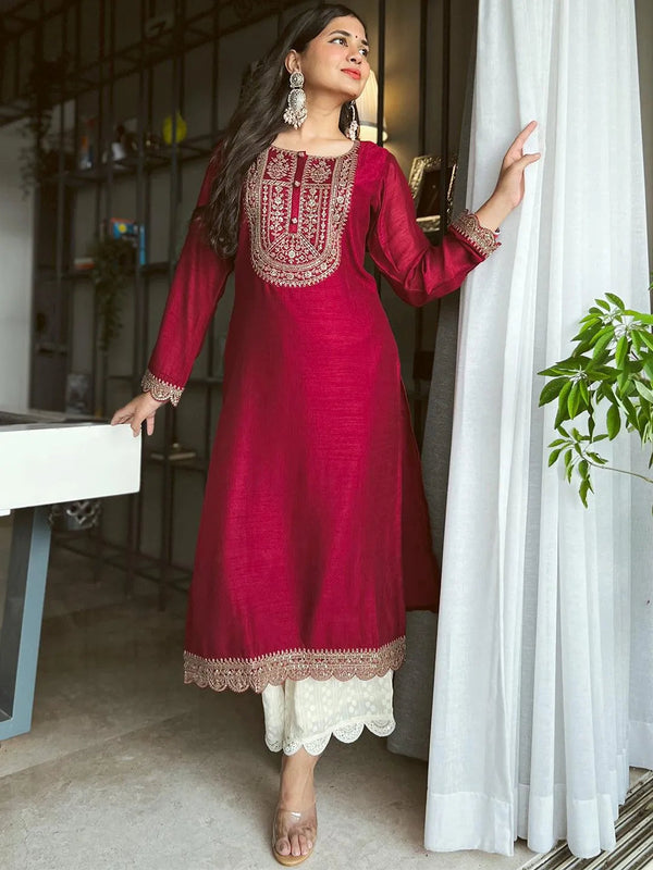 Maroon Yoke Design Silk Kurta - Jashvi