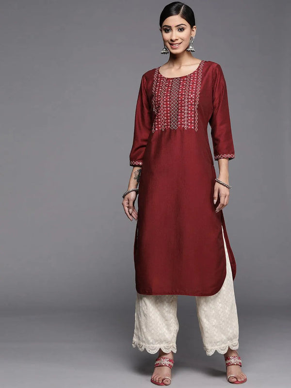 Maroon Yoke Design Silk Kurta - Jashvi