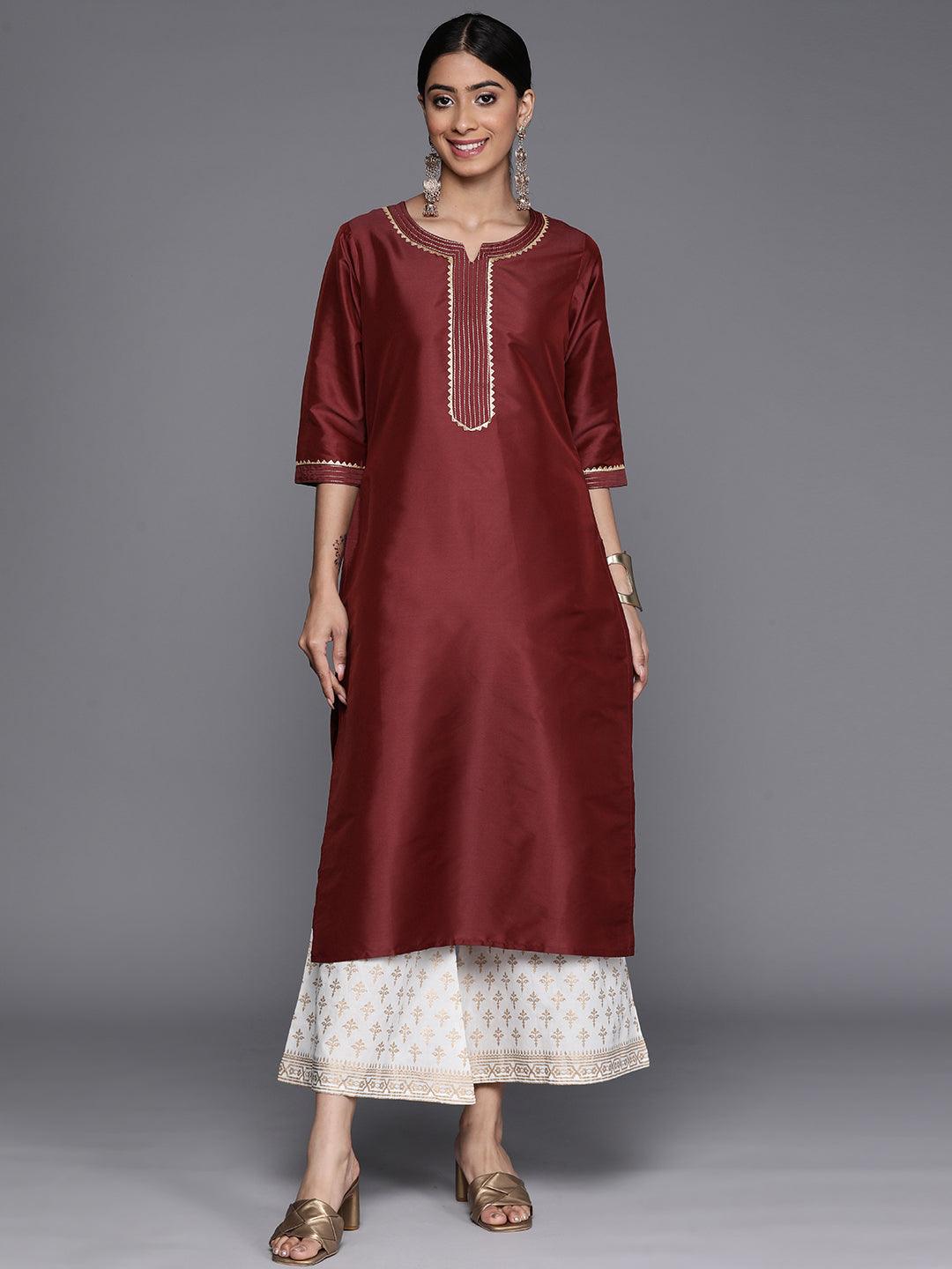 Maroon Yoke Design Silk Straight Kurta - Jashvi