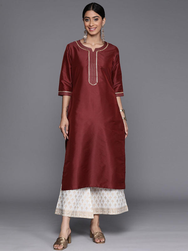 Maroon Yoke Design Silk Straight Kurta - Jashvi