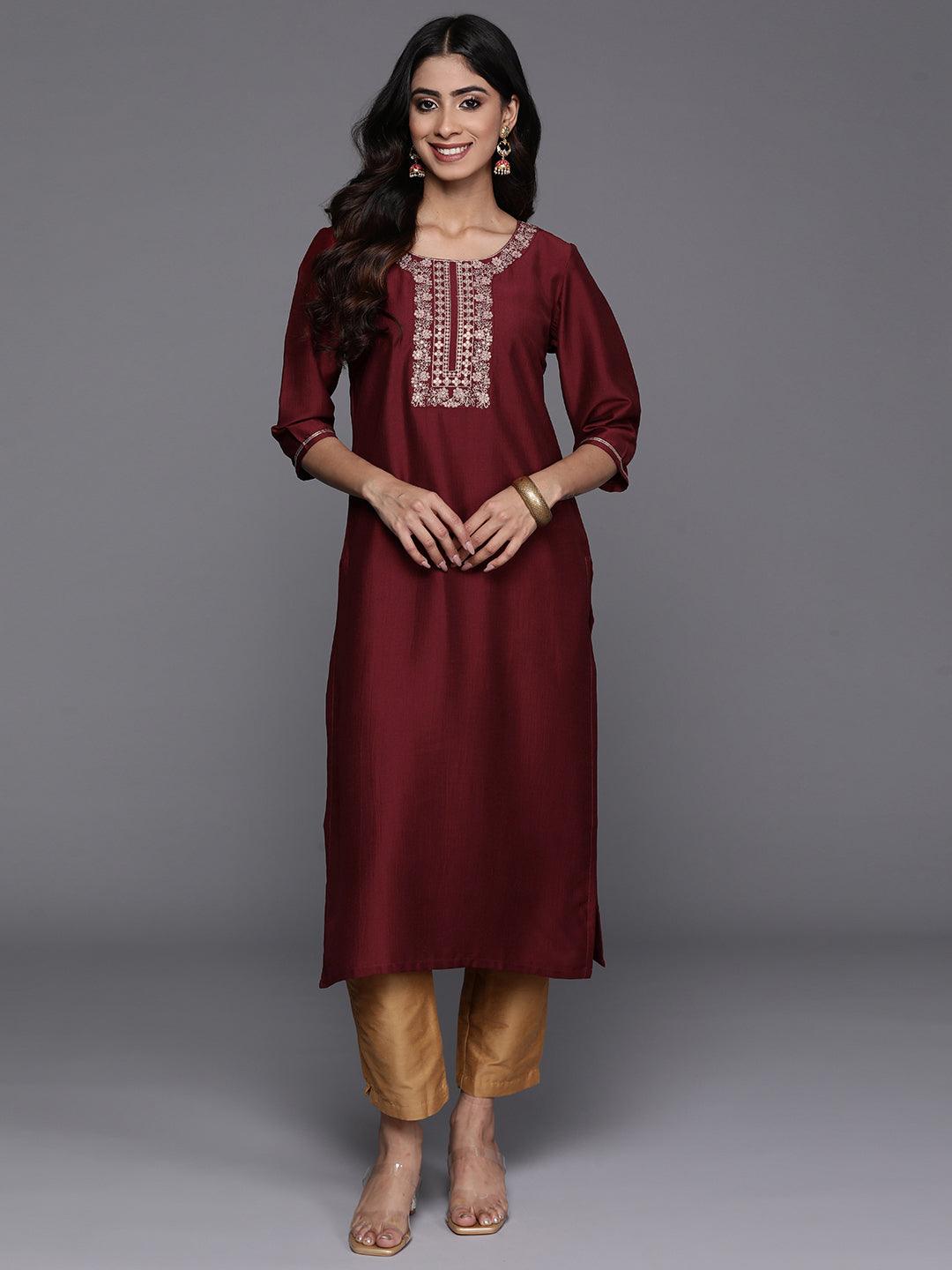 Maroon Yoke Design Silk Straight Kurta - Jashvi