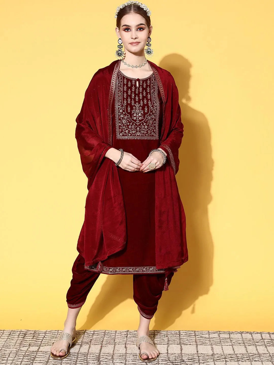 Maroon Yoke Design Velvet Straight Suit Set - Jashvi