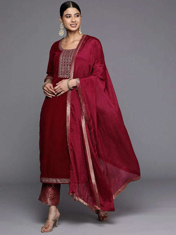 Maroon Yoke Design Velvet Straight Suit Set - Jashvi