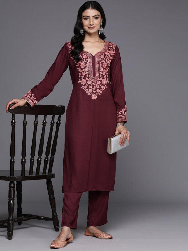 Maroon Yoke Design Wool Blend Straight Kurta With Palazzos - Jashvi