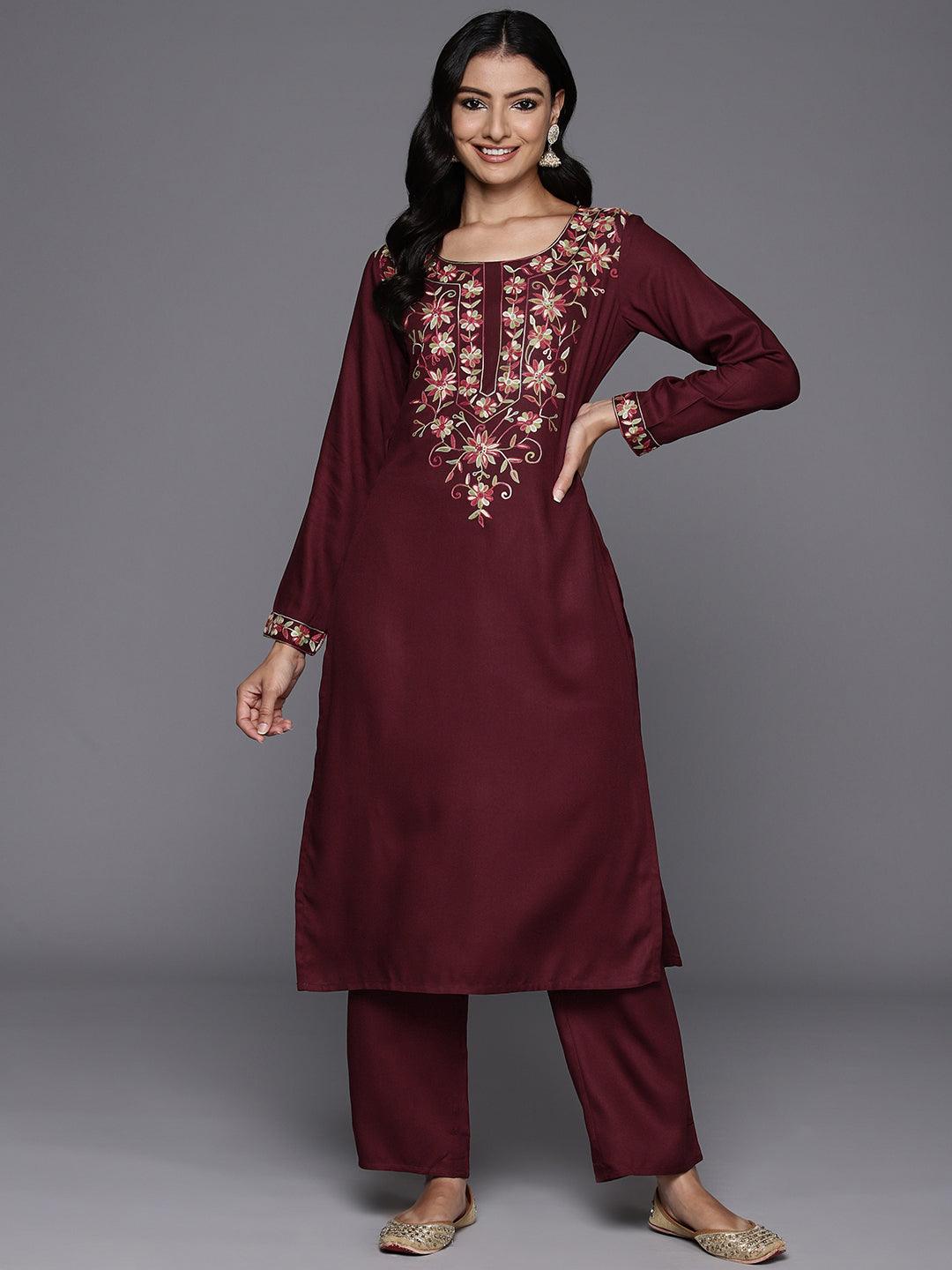 Maroon Yoke Design Wool Blend Straight Kurta With Palazzos - Jashvi