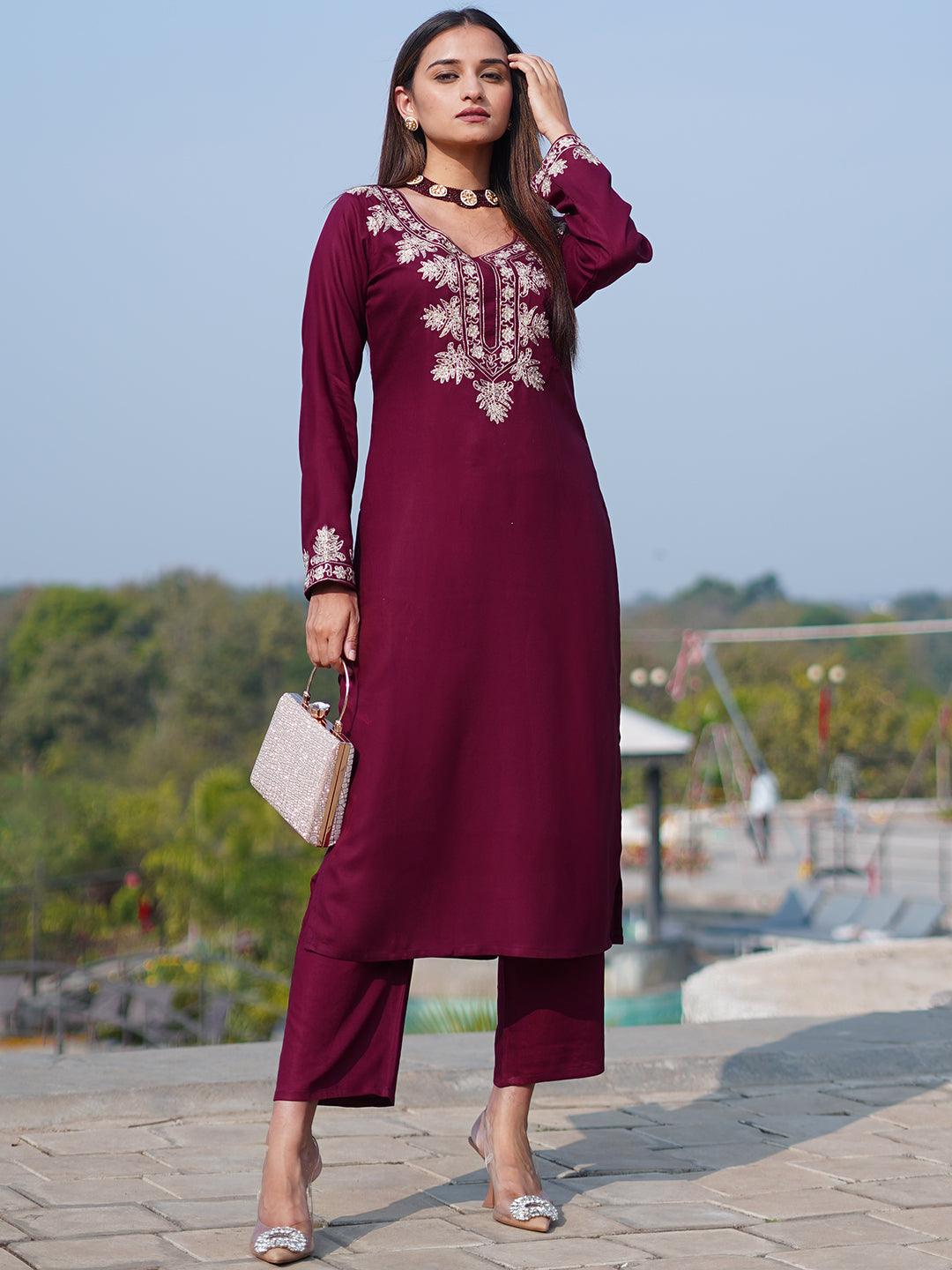 Maroon Yoke Design Wool Blend Straight Kurta With Palazzos - Jashvi