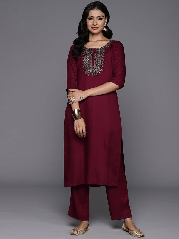 Maroon Yoke Design Wool Blend Straight Kurta With Trousers - Jashvi