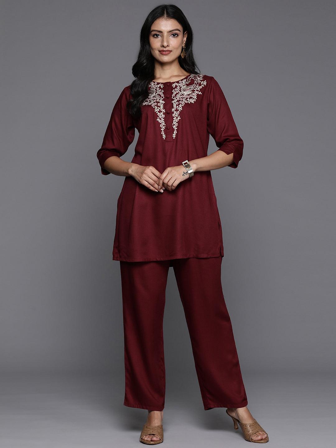 Maroon Yoke Design Wool Blend Tunic With Trousers - Jashvi