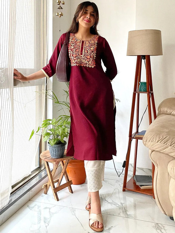 Maroon Yoke Design Wool Straight Kurta - Jashvi