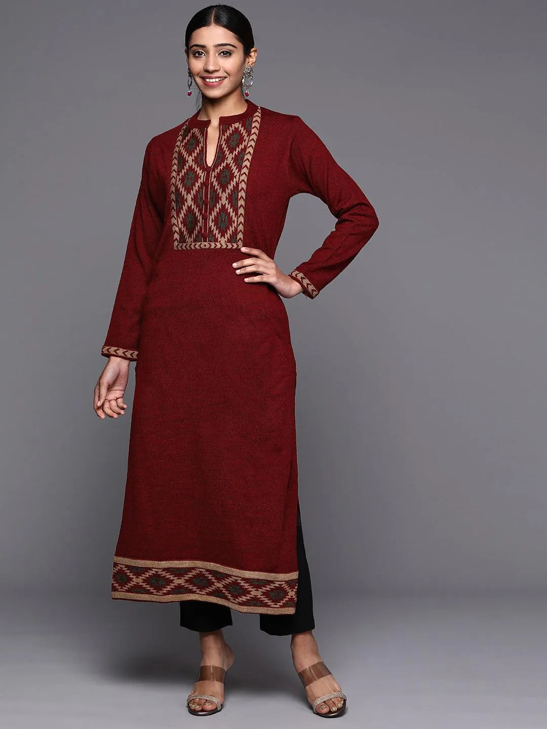 Maroon Yoke Design Wool Straight Kurta - Jashvi