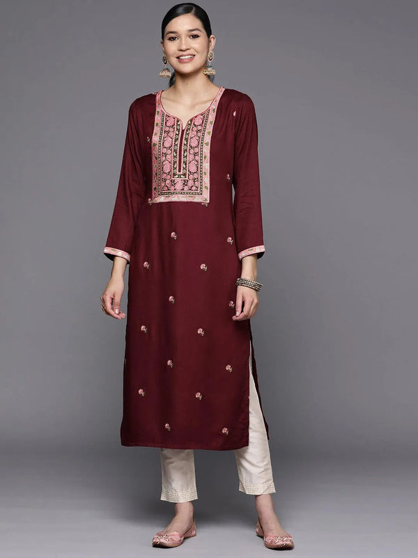 Maroon Yoke Design Wool Straight Kurta - Jashvi