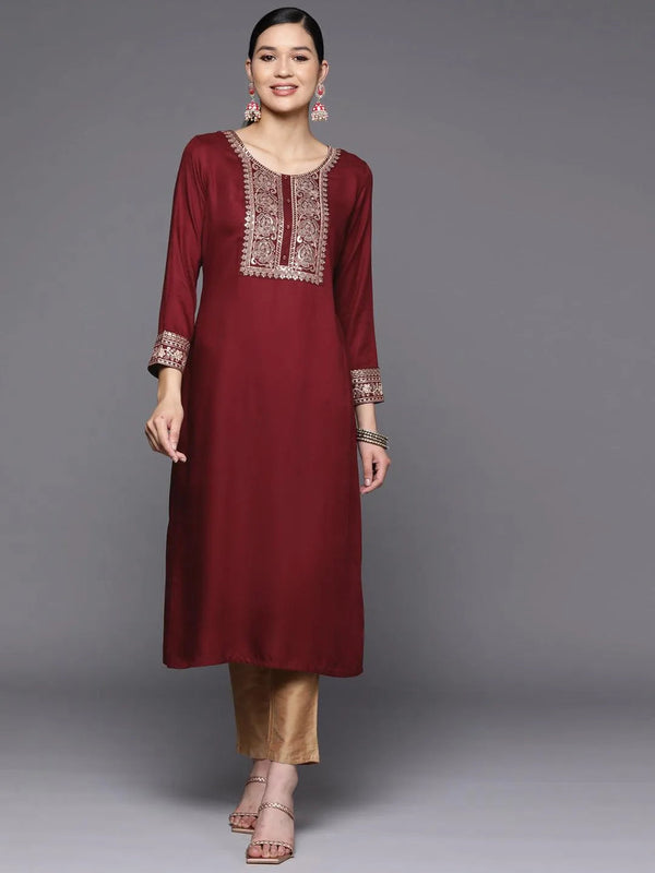 Maroon Yoke Design Wool Straight Kurta - Jashvi