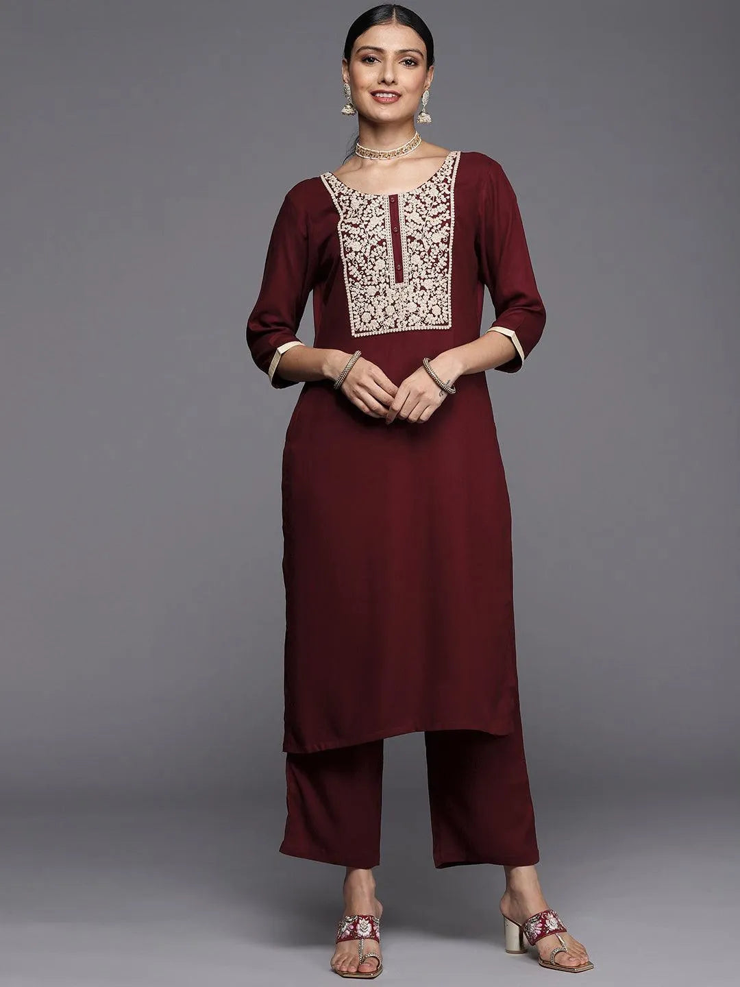 Maroon Yoke Design Wool Straight Kurta - Jashvi