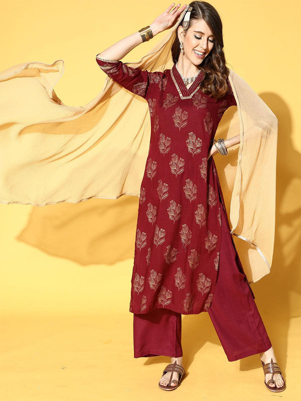 Women's Maroon Printed Straight Kurta Trouser With Dupatta Set - Odette