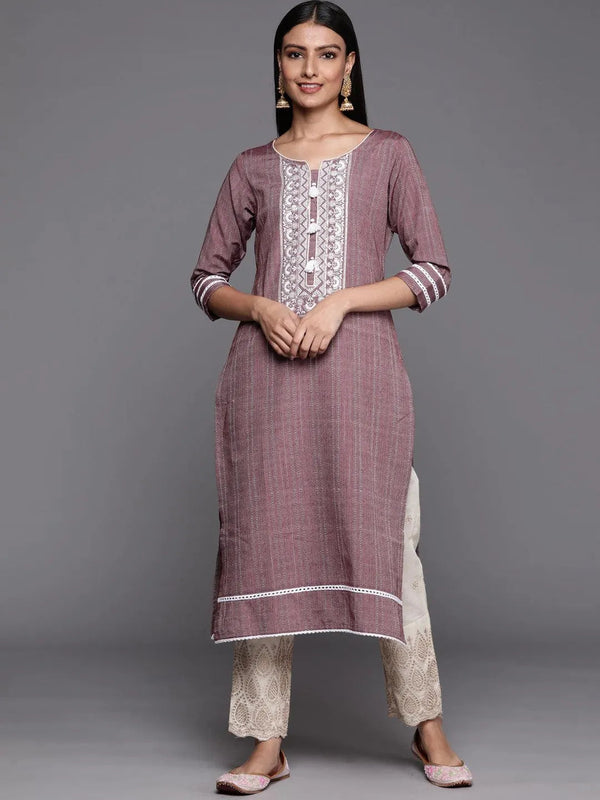 Mauve Embroidered Cotton Straight Kurta - Jashvi