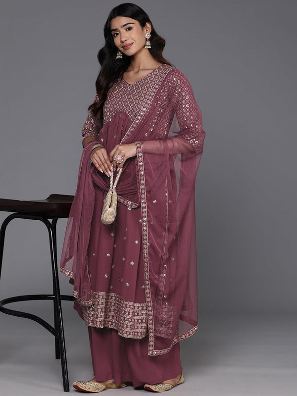 Mauve Embroidered Georgette A-Line Kurta With Palazzos & Dupatta - Jashvi