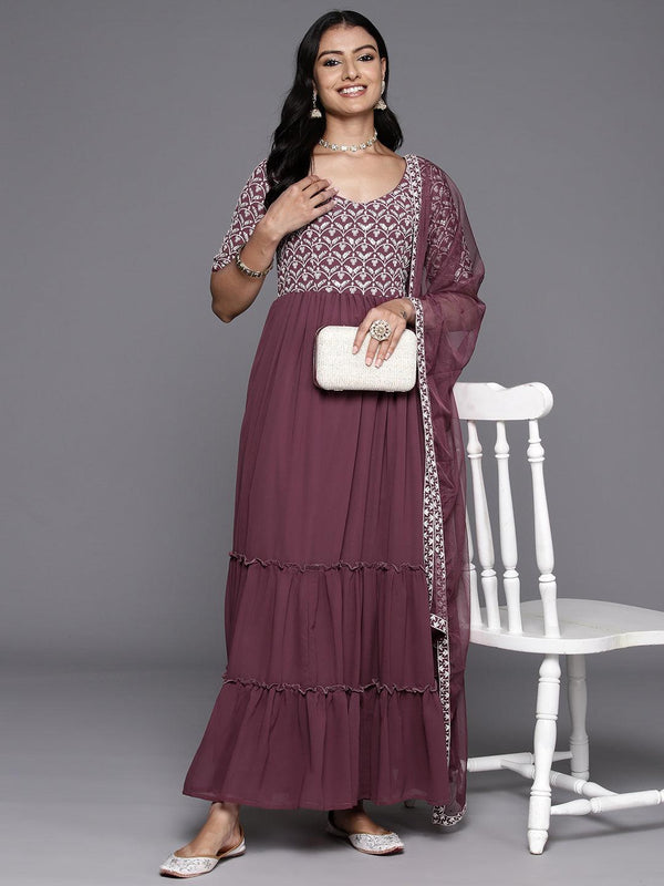 Mauve Embroidered Georgette Anarkali Kurta With Trousers & Dupatta - Jashvi