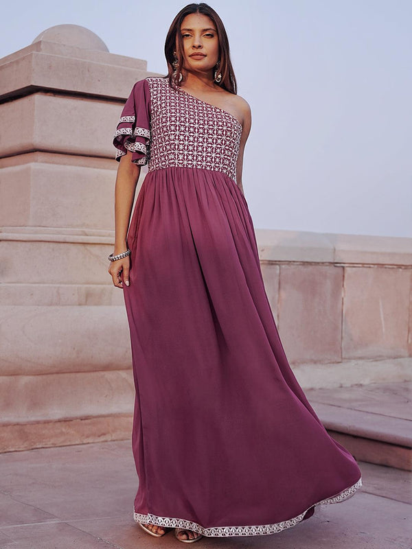 Mauve Embroidered Georgette Gown - Jashvi