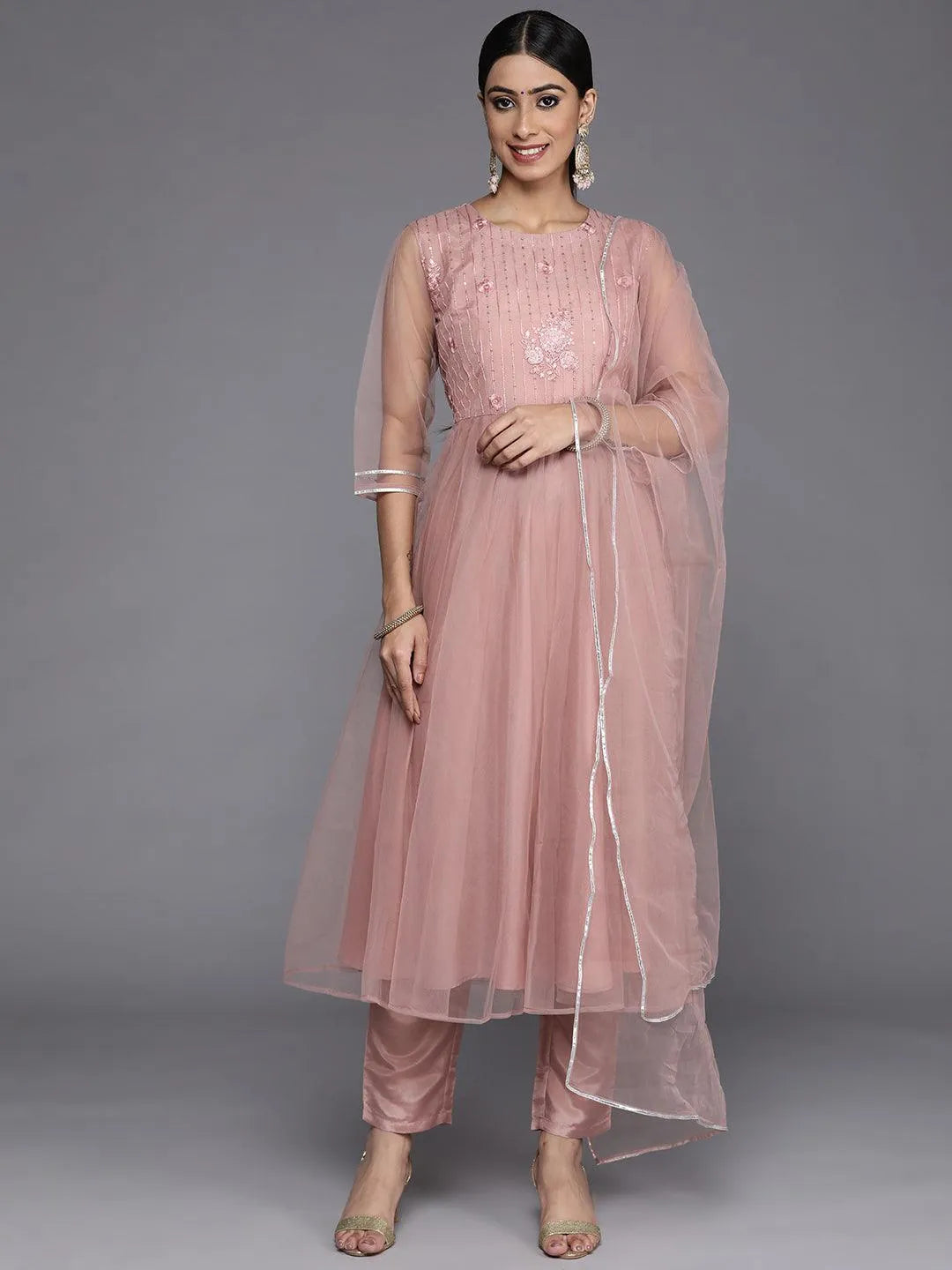 Mauve Embroidered Net Anarkali Suit Set With Trousers - Jashvi