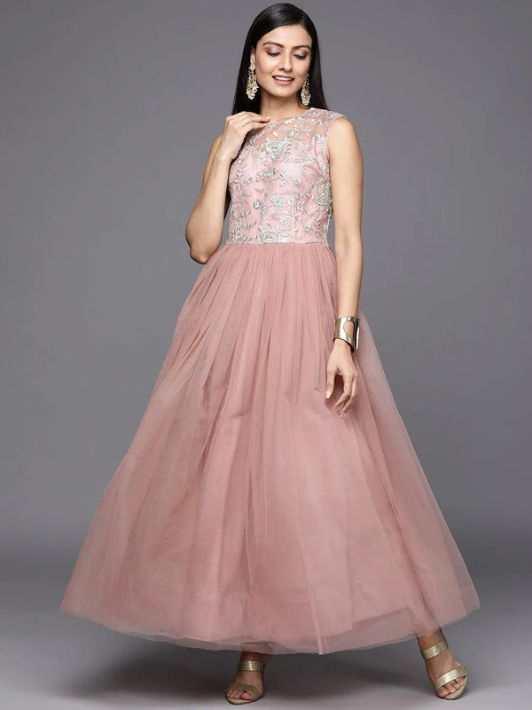 Mauve Embroidered Nylon Gown Dress - Jashvi