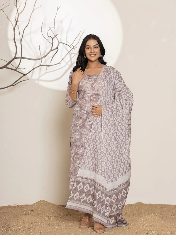 Mauve Floral Print Cotton Straight Kurta Dupatta Set-Indiakreations-JS7006SKDPRS