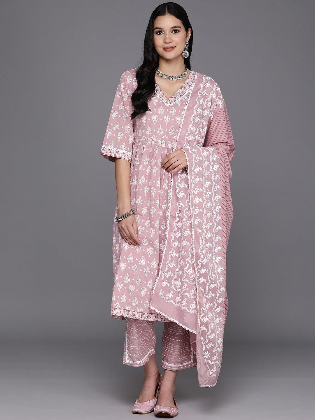 Mauve Printed Cotton A-Line Suit Set With Trousers - Jashvi