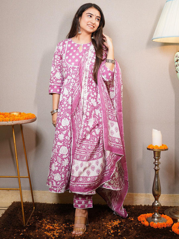 Mauve Printed Cotton Anarkali Kurta With Trousers & Dupatta - Jashvi