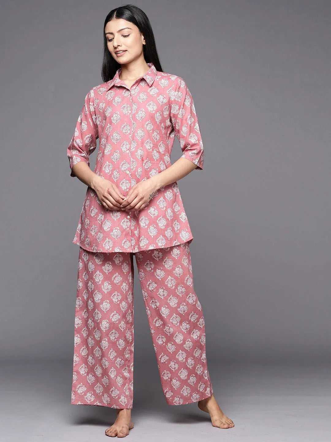 Mauve Printed Cotton Night Suit - Jashvi