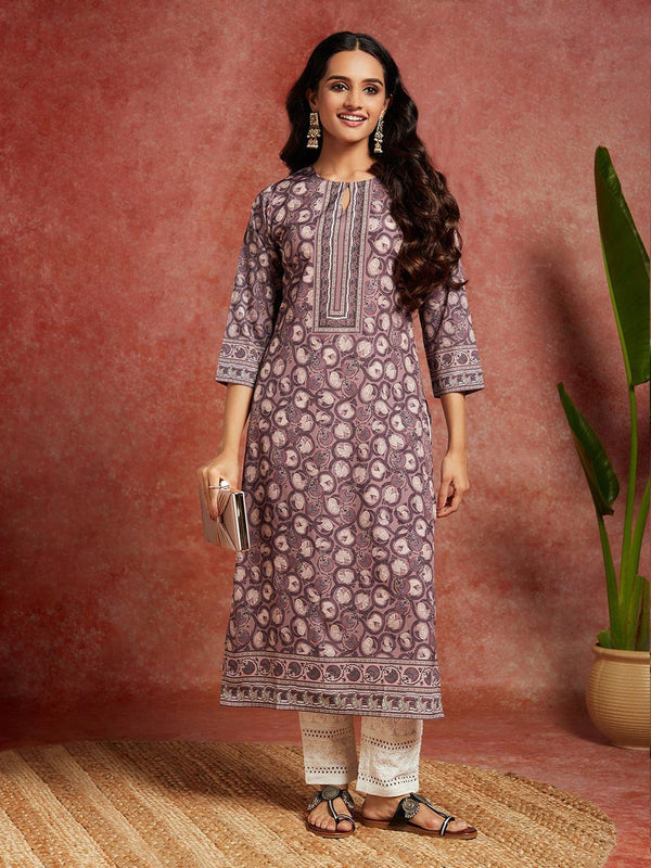 Mauve Printed Crepe Straight Kurta - Jashvi