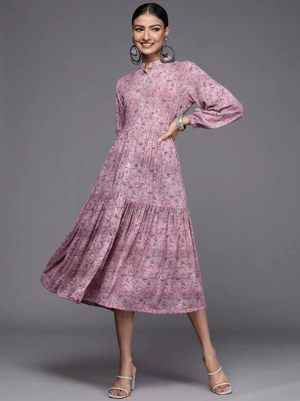 Mauve Printed Georgette Fit and Flared Dress - Jashvi