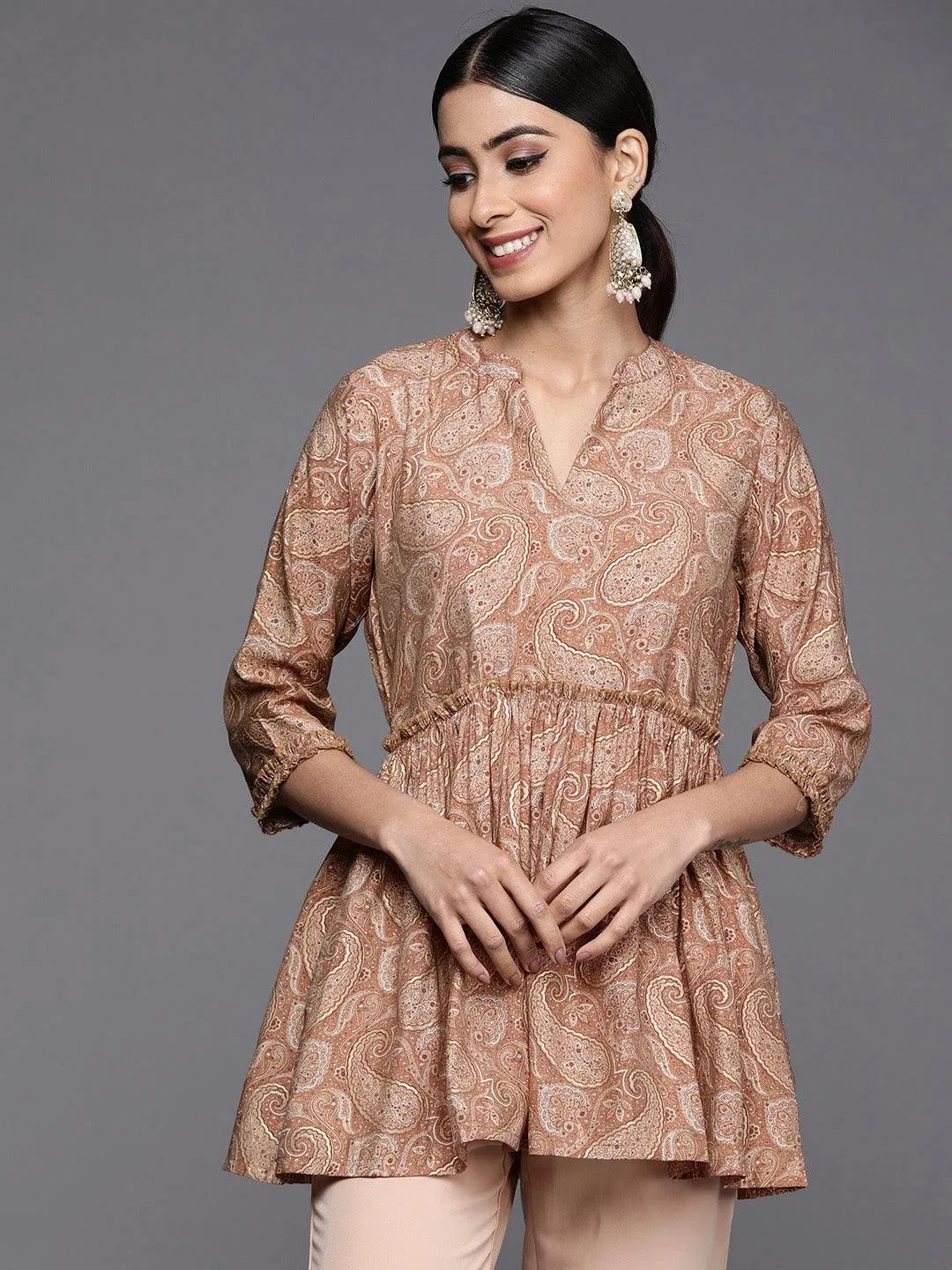 Mauve Printed Silk Blend A-Line Kurti - Jashvi