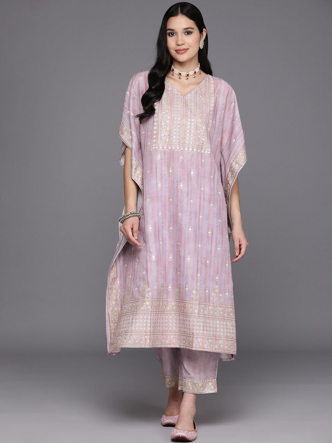 Mauve Printed Silk Blend Kaftan Kurta Set With Trousers - Jashvi