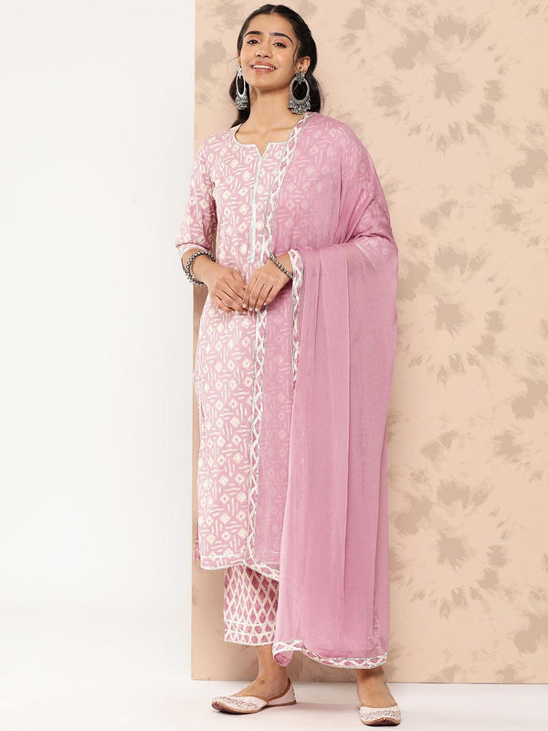 Mauve Printed Silk Blend Straight Kurta With Trousers and Dupatta - Jashvi