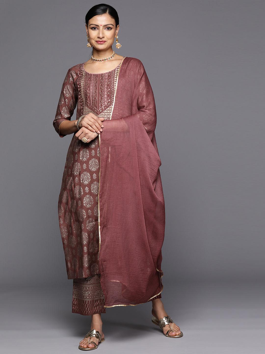 Mauve Printed Silk Blend Straight Kurta With Trousers & Dupatta - Jashvi