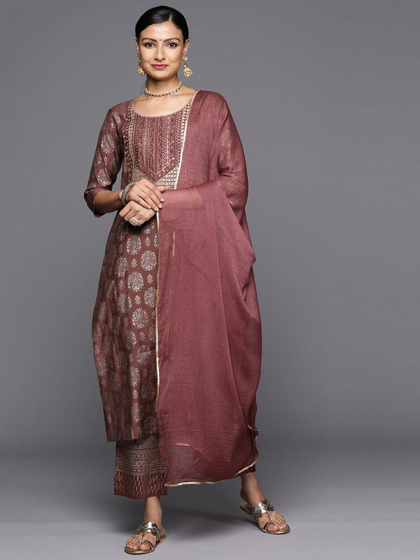 Mauve Printed Silk Blend Straight Kurta With Trousers & Dupatta - Jashvi