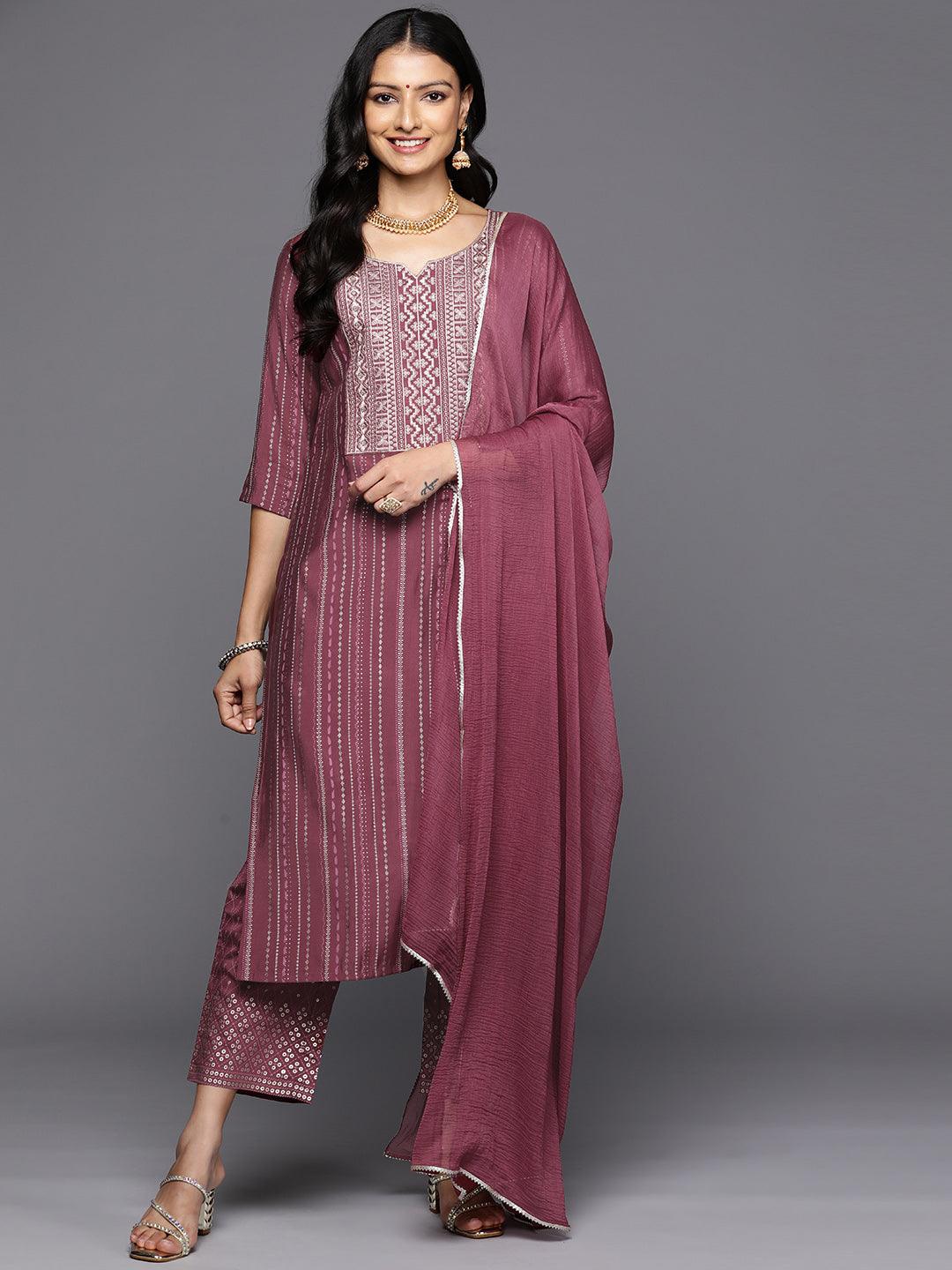 Mauve Printed Silk Blend Straight Kurta With Trousers & Dupatta - Jashvi