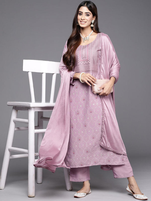 Mauve Printed Silk Blend Straight Kurta With Trousers & Dupatta - Jashvi