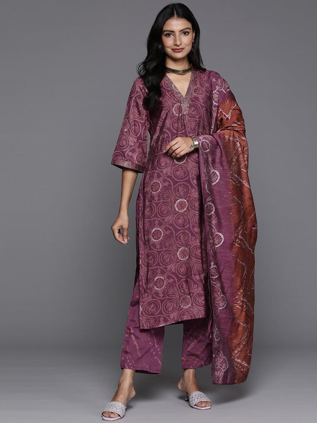 Mauve Printed Silk Blend Straight Kurta With Trousers & Dupatta - Jashvi