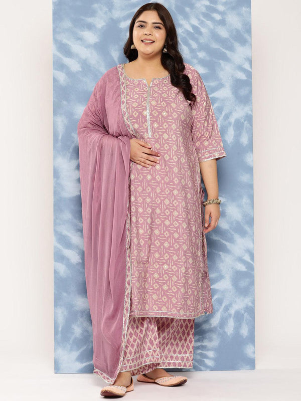 Mauve Printed Silk Blend Straight Kurta With Trousers and Dupatta - Jashvi