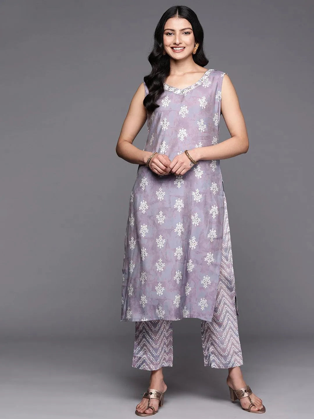 Mauve Printed Silk Blend Straight Kurta Set With Trousers - Jashvi