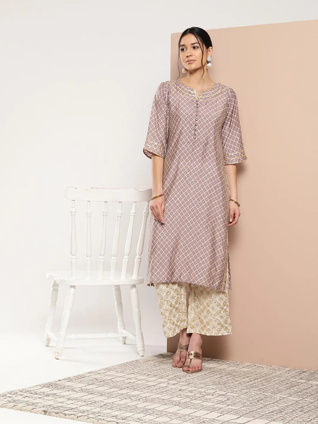 Mauve Printed Silk Straight Kurta - Jashvi