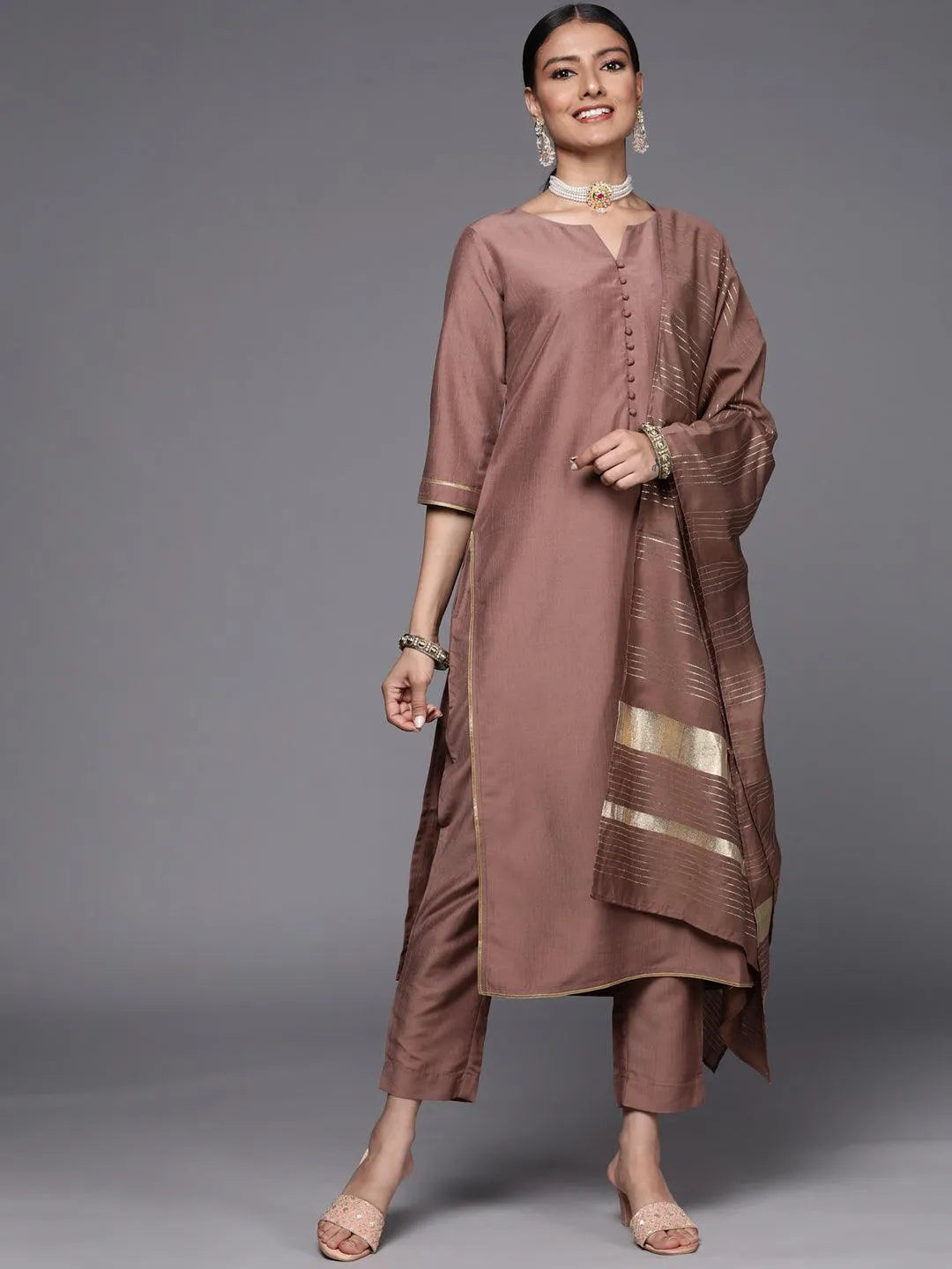 Mauve Solid Silk Blend Straight Suit Set - Jashvi