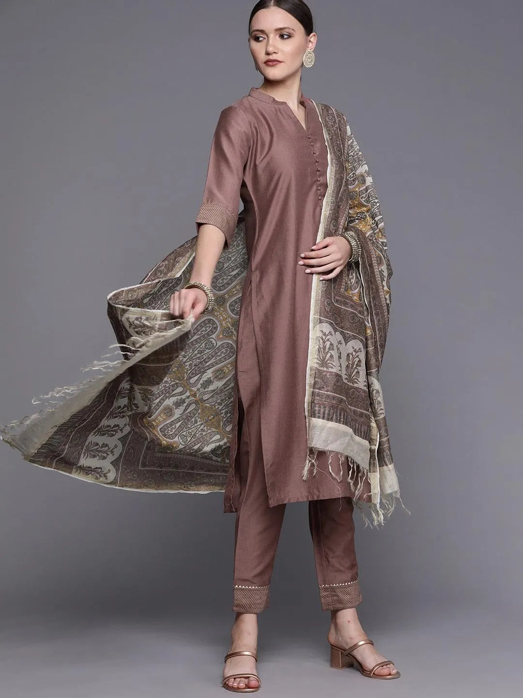 Mauve Solid Silk Blend Suit Set - Jashvi